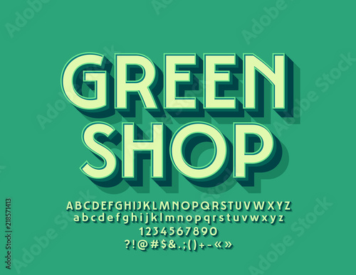 Vector Modern Logo Green Shop with 3D Font. Beveled Alphabet Letters with Shadow