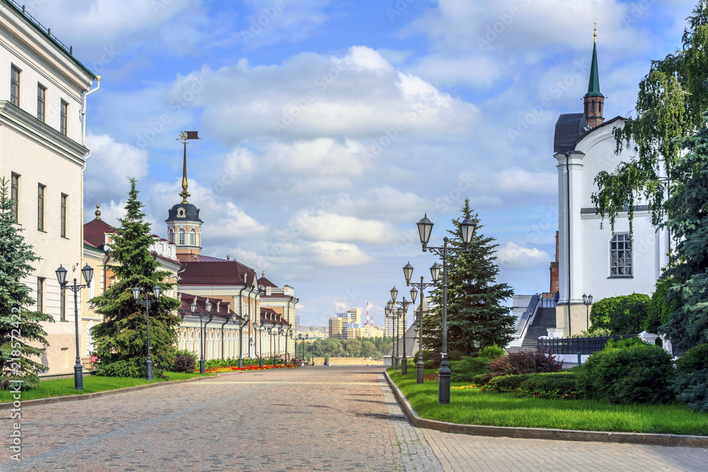Naklejka premium Inside the yard of the Kazan Kremlin - the chief historic citadel of Tatarstan, situated in the city of Kazan, Russia.