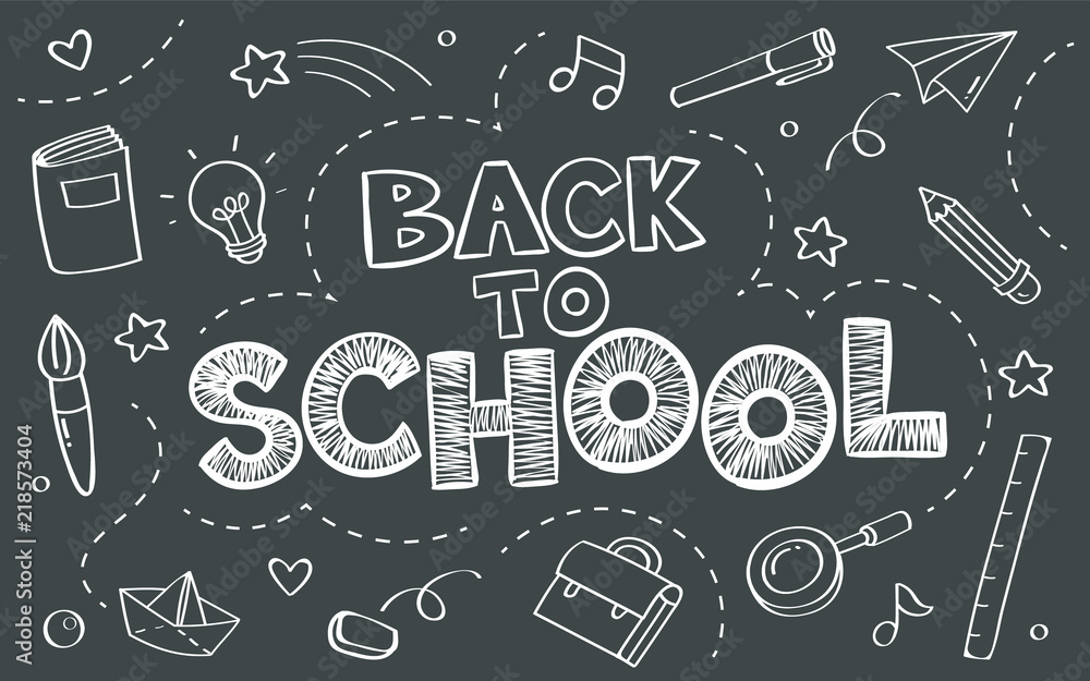 Back to school concept with objects on blackboard poster in doodle style. - obrazy, fototapety, plakaty 
