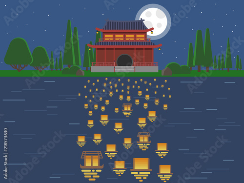 Chinese water lanterns on water at night. Vector illustration
