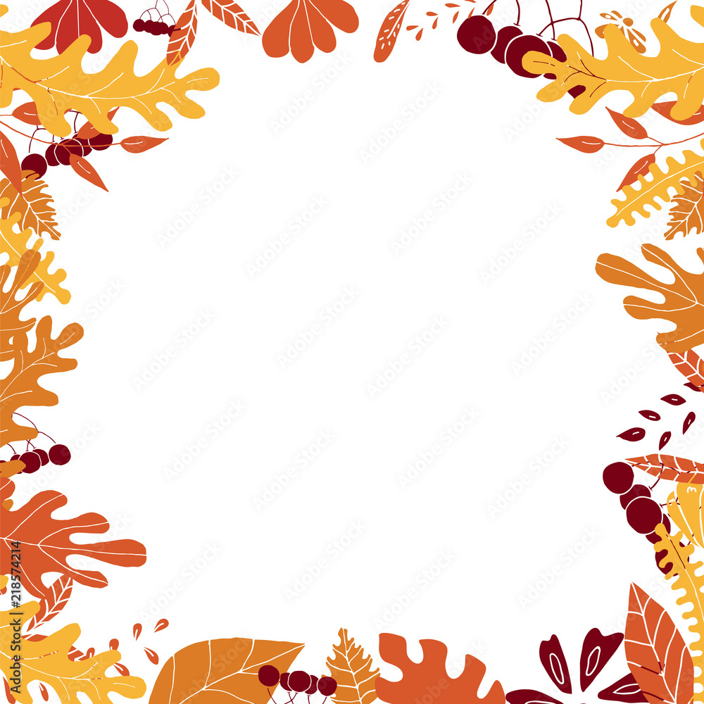 Autumn frame with colorful leaves and berries. Empty space inside of frame. Template for advertising or greeting text. Frame for cards, banners, posters, Hand drawn design. Autumn frame with colorful leaves and berries. Empty space inside of frame. Template for advertising or greeting text. Frame for cards, banners, posters, Hand drawn design.