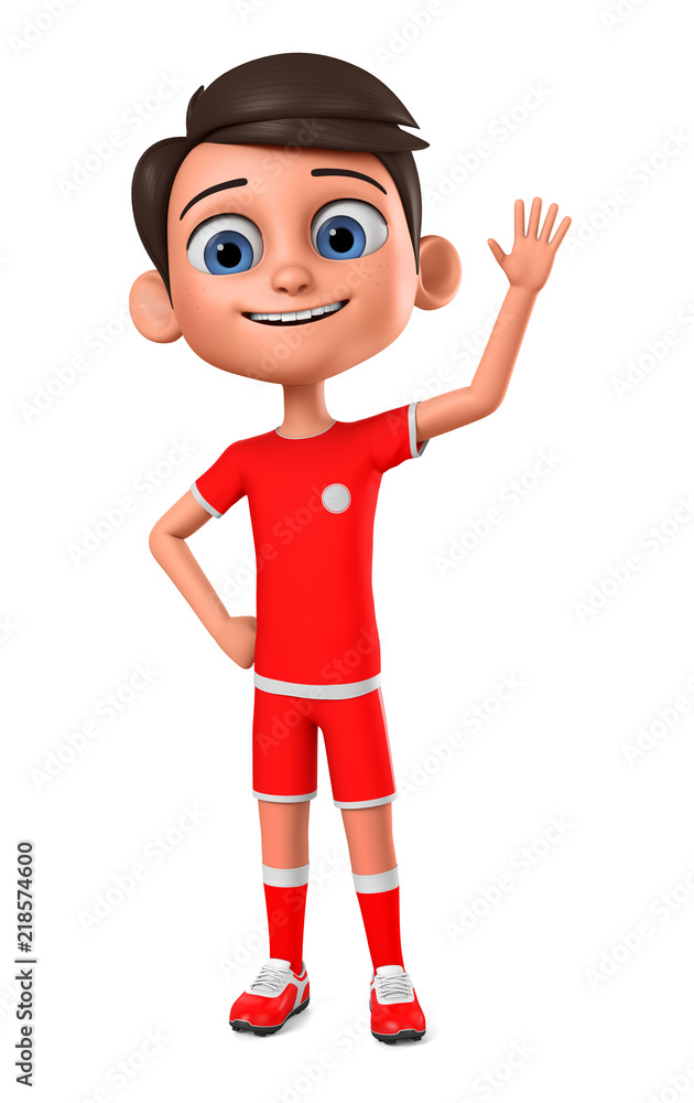 Boy in a red uniform with a raised hand on a white background. 3d render illustration.