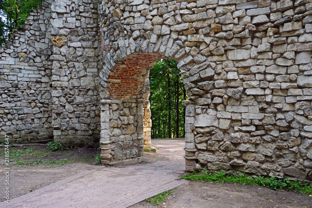 The wall of the destroyed fortress in the city Park Tsaritsyno in Moscow.