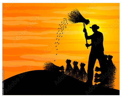 silhouette farmer harvest rice vector design