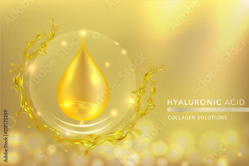 Gold Collagen Serum drop, cosmetic advertising background ready to use, luxury skin care ad, vector illustration.	