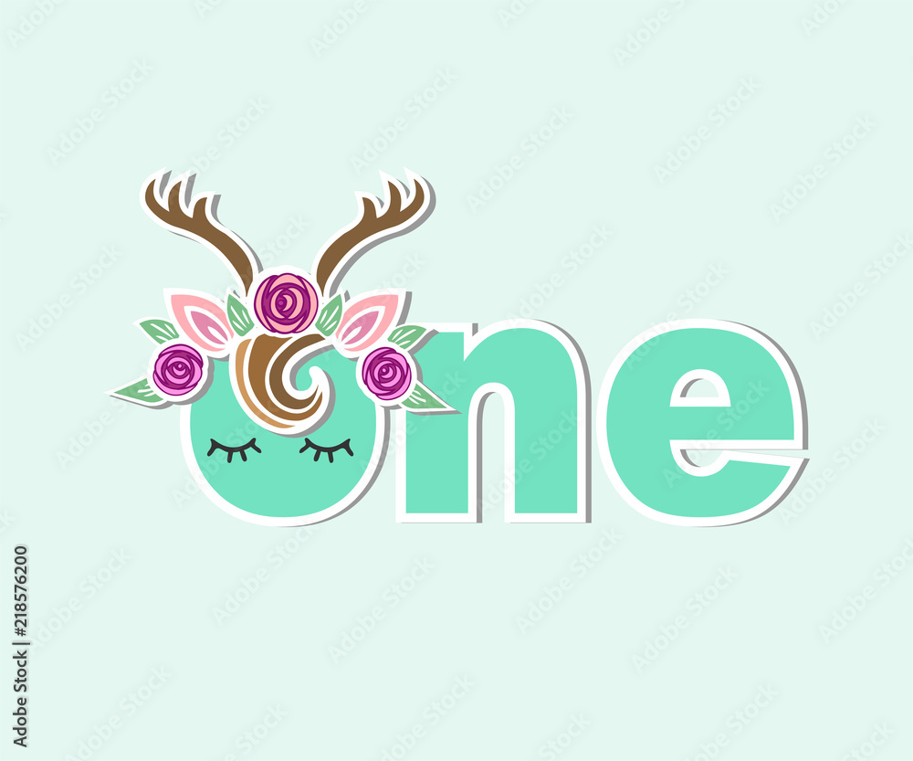 Vector illustration One Deer with antlers, Ears, Flower Wreath. Template for Baby Birthday, invitation, greeting card, t-shirt design. Cute One as First year anniversary logo, patch, sticker