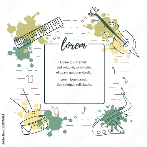 Template for music festival  jazz party  invitation  greeting card  concert poster. Vector illustration with saxophone  piano  violin  drum. Line style.