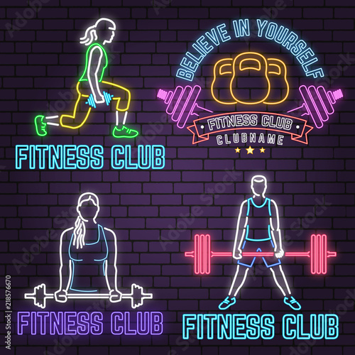 Neon fitness club sign on brick wall background. Vector illustration.