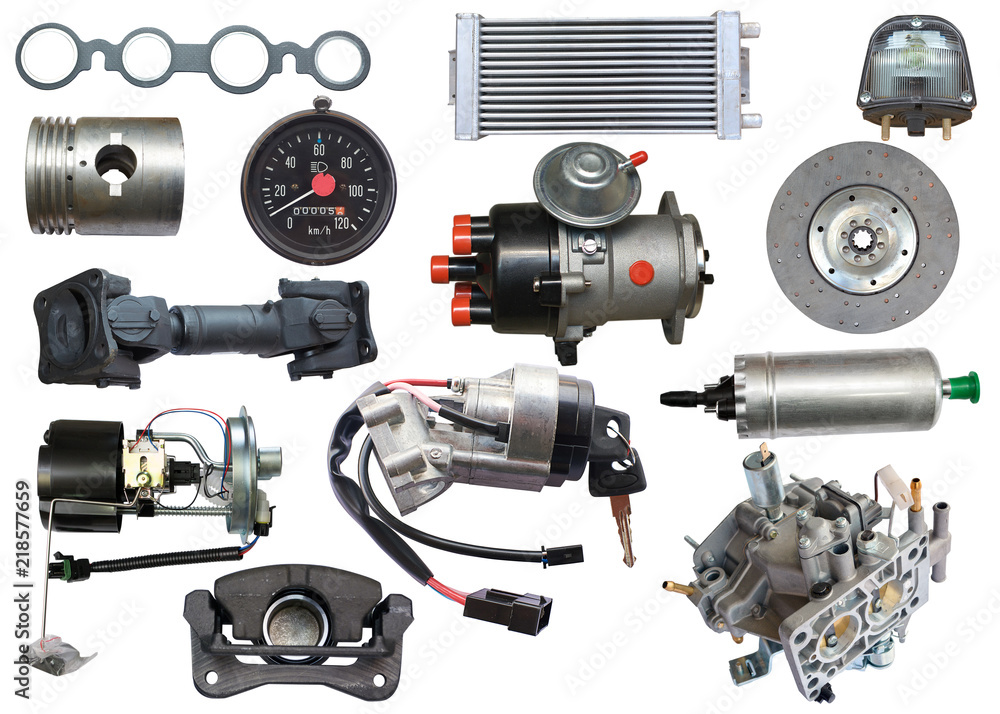 Auto spare parts car on the white background. Set with many isolated items for shop or aftermarket Auto spare parts car on the white background. Set with many isolated items for shop or aftermarket