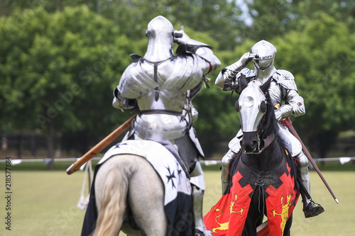 Two knights salute during medieval jousting tournament