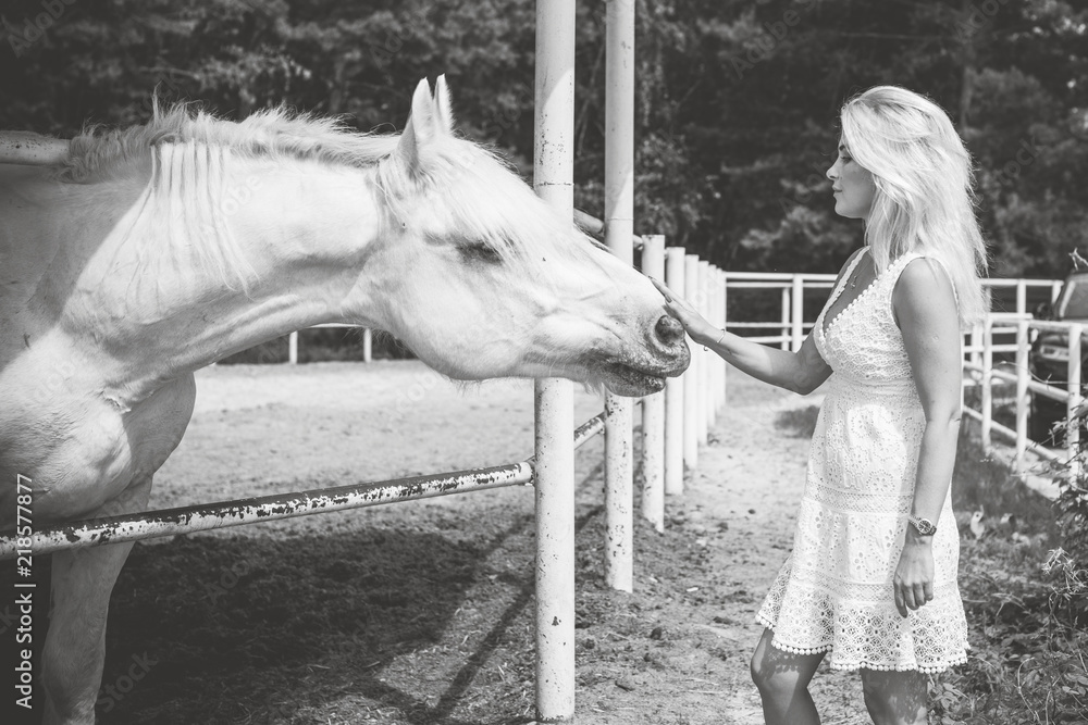 Nice scene woman with a horse in the countryside. Concept of horse and ...