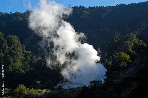 Rising water vapor of Jiuzhize Hot Spring in the morning in Yilan, Taiwan