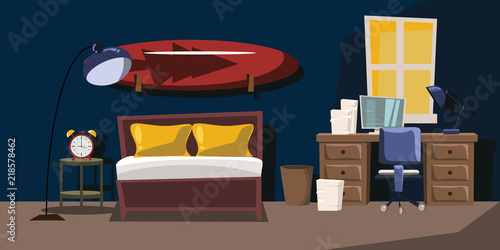 bedroom and surfboard decorations vector illustration