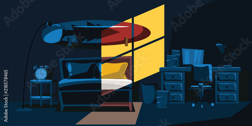 bedroom and surfboard decorations at night vector illustration 