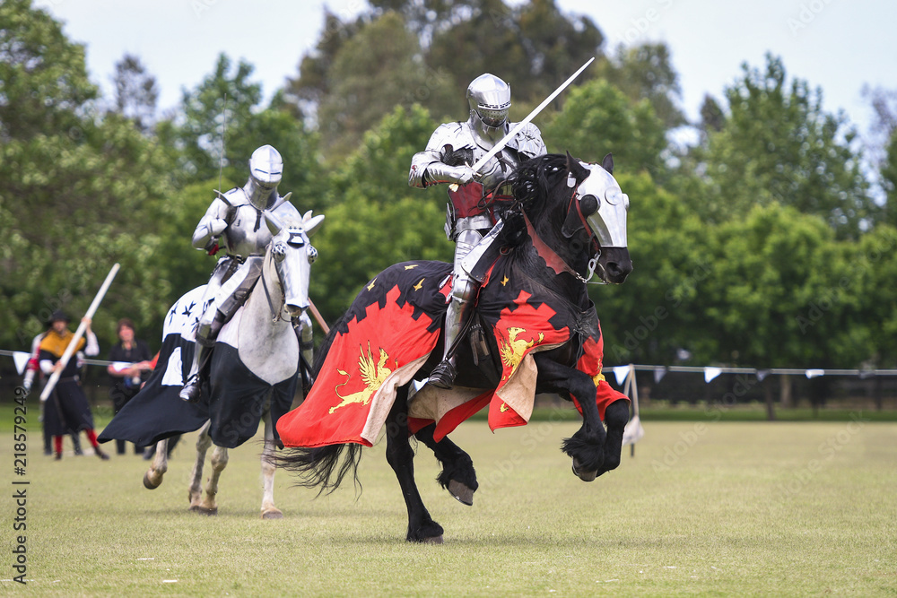 Two medieval knights confront during jousting tournament