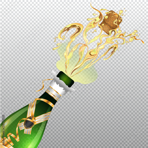 Opened champagne with golden ribbon on transparent background