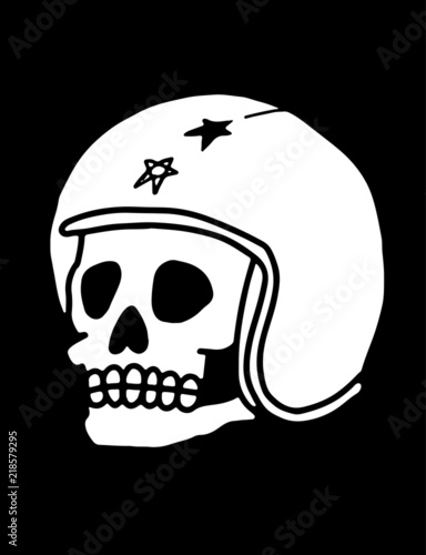 A human skull wearing a motorbike crash helmet