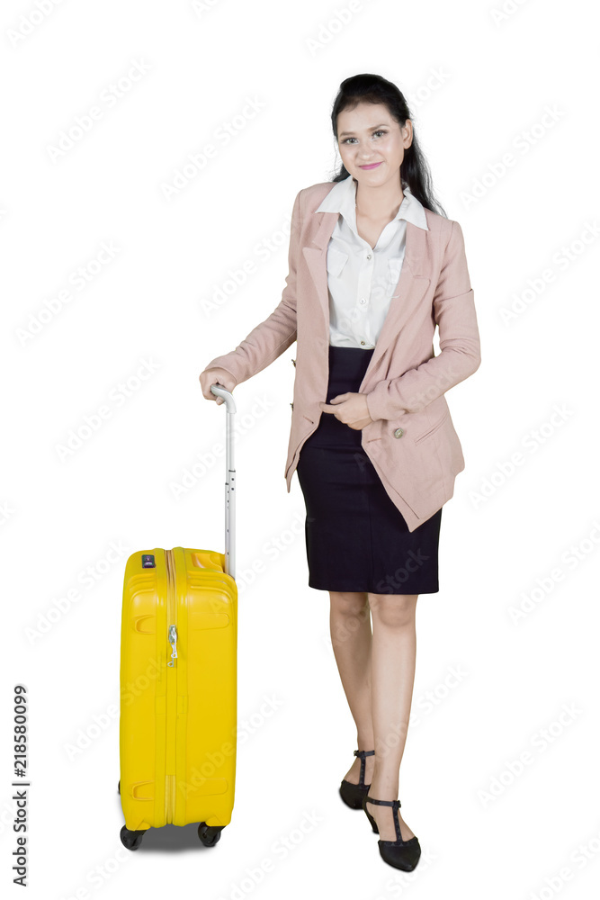 beautiful Asian businesswoman with yellow suitcase