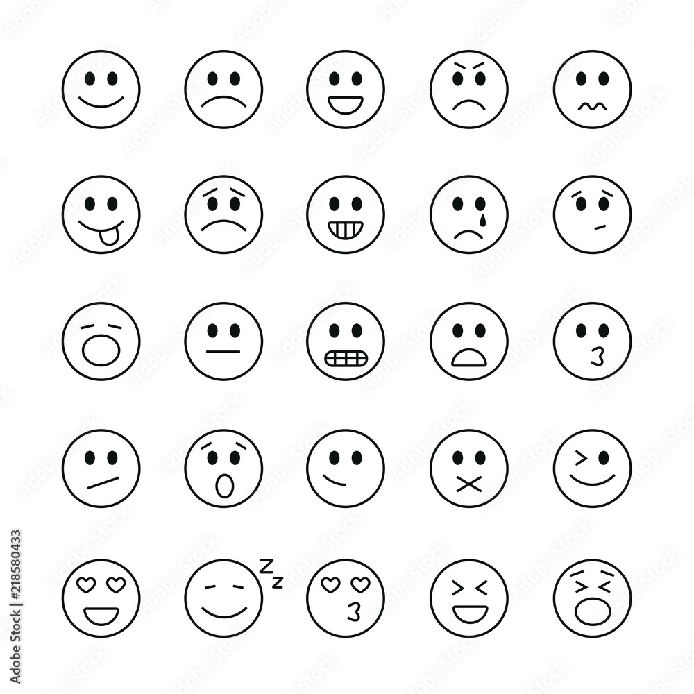 Emoji related icons: thin vector icon set, black and white kit Emoji related icons: thin vector icon set, black and white kit