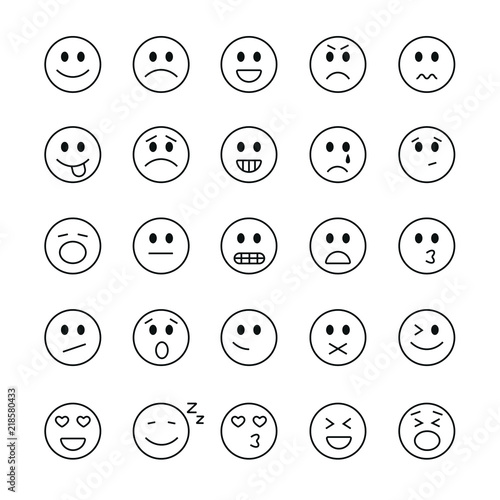 Emoji related icons: thin vector icon set, black and white kit