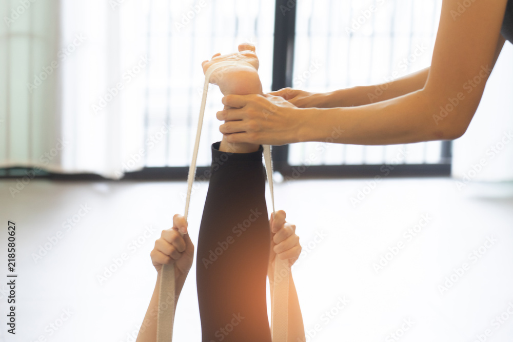 Obraz premium Young fat woman practicing yoga with namaste behind the back.working out, wearing sportswear. and relax.