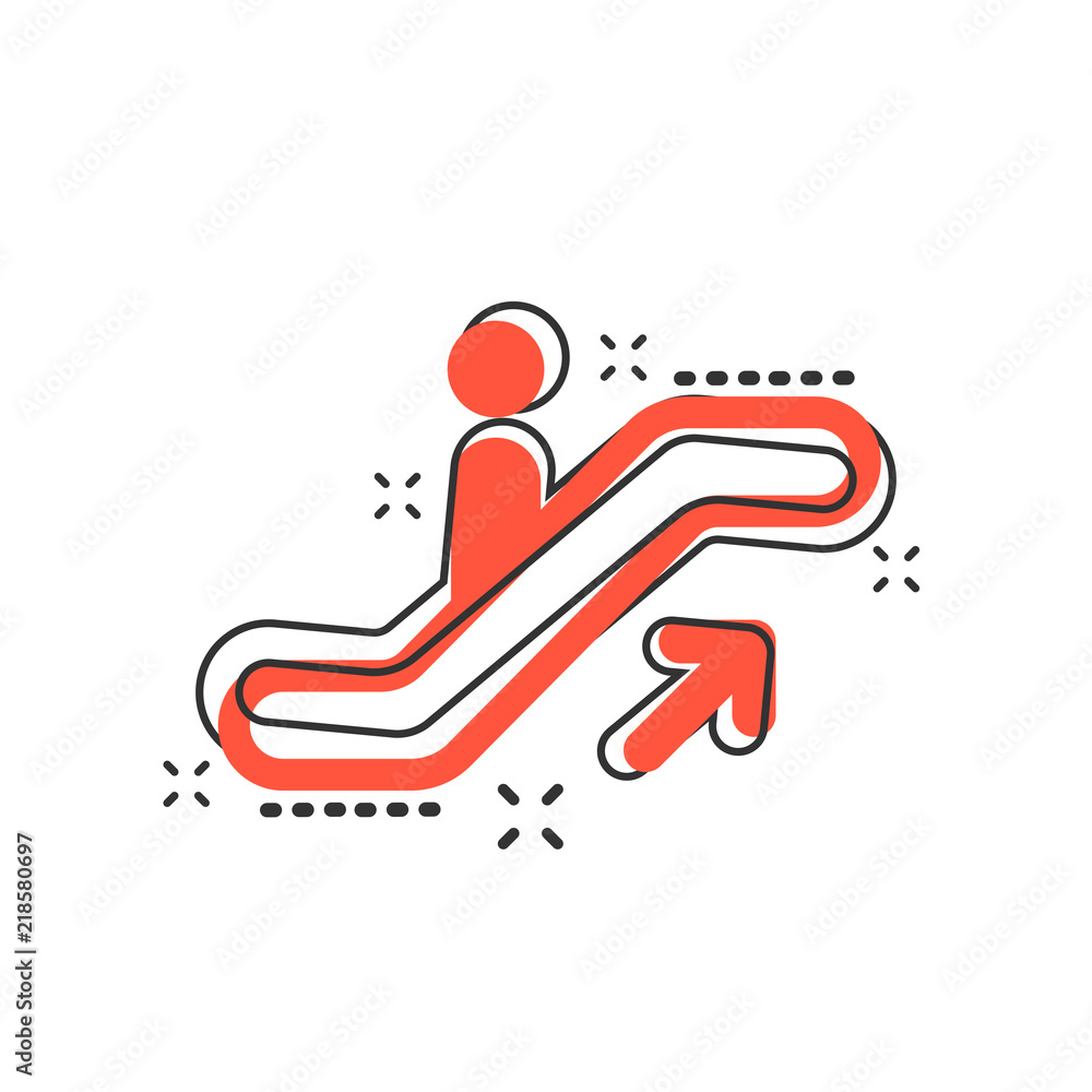 Vector cartoon escalator elevator icon in comic style. Escalator sign illustration pictogram. Elevator business splash effect concept. Vector cartoon escalator elevator icon in comic style. Escalator sign illustration pictogram. Elevator business splash effect concept.