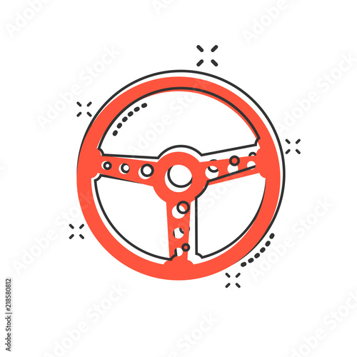 Vector cartoon steering wheel icon in comic style. Rudder wheel sign illustration pictogram. Steering business splash effect concept.