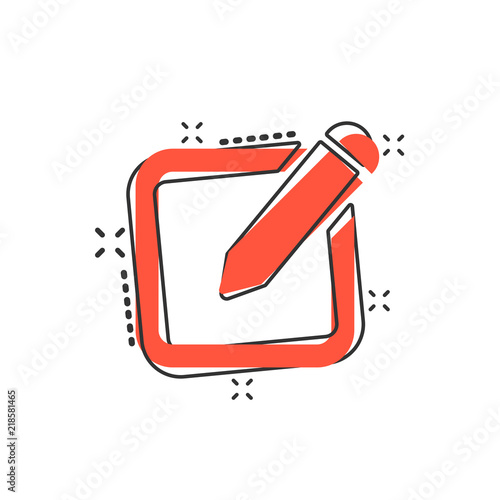 Vector cartoon notepad edit document with pencil icon in comic style. Notepad concept illustration pictogram. Document business splash effect concept.