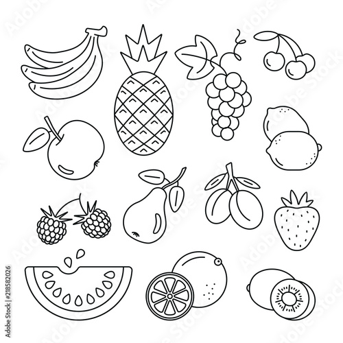 Fruit related icons: thin vector icon set, black and white kit
