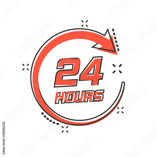 Vector cartoon twenty four hour clock icon in comic style. 24/7 service time concept illustration pictogram. Around the clock business splash effect concept.