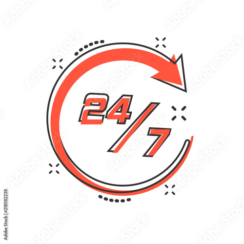 Vector cartoon twenty four hour clock icon in comic style. 24/7 service time concept illustration pictogram. Around the clock business splash effect concept.