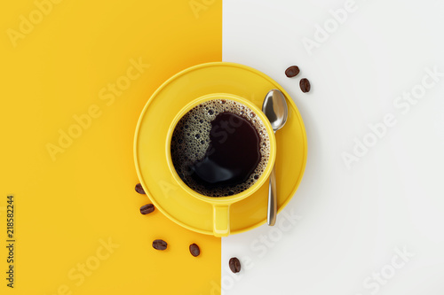 Stampa su tela Top view of coffee cup on yellow and white background.