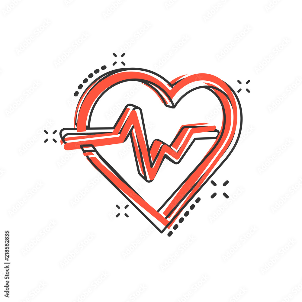 Vector cartoon heartbeat line with heart icon in comic style. Heartbeat