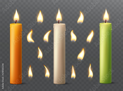 Set of burning candles with different flames. Vanilla, orange and green paraffin or wax on transparent background.