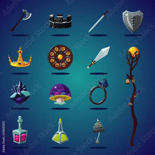 Legendary asset. Set of magic items and resource for computer fantasy game. Isolated cartoon icons set.