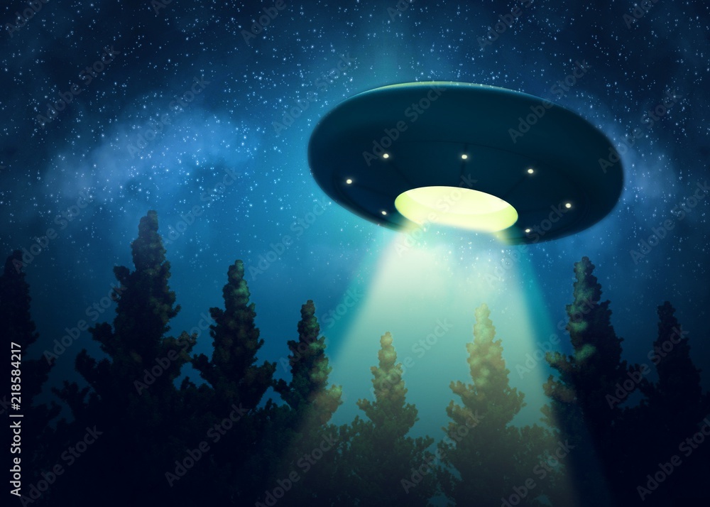 Ufo is hovering over the trees. Digital painting 3d render mix