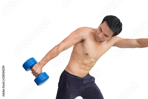 Muscle man bodybuilder workout with dumbbell for tricep on isolated white background