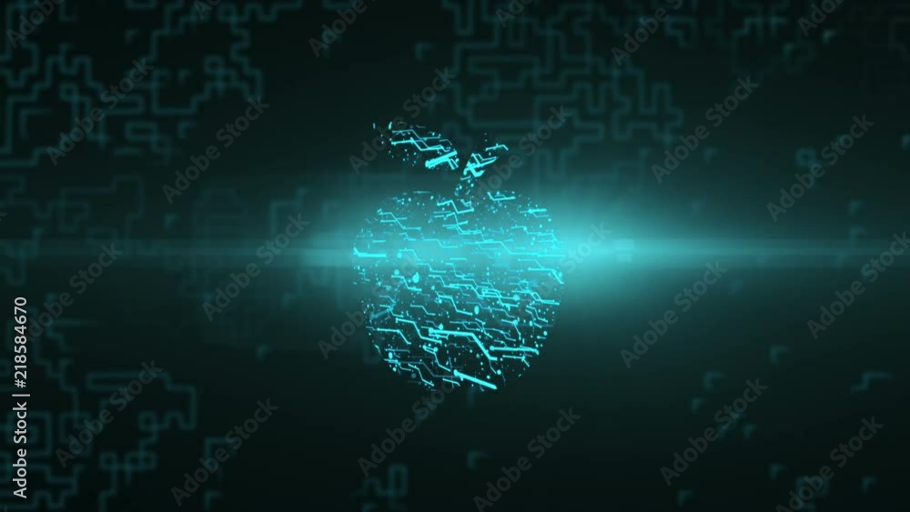 Logo animation Apple. Bright energy neural network