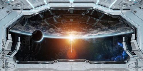 Fototapeta Naklejka Na Ścianę i Meble -  White clean spaceship interior with view on planet Earth 3D rendering