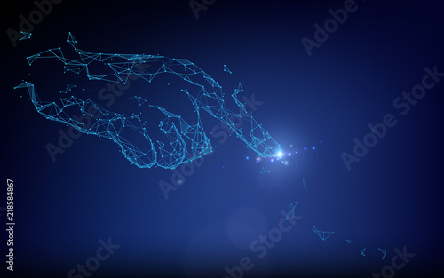 Hand touching virtual screen form lines, triangles and particle style design. Illustration vector