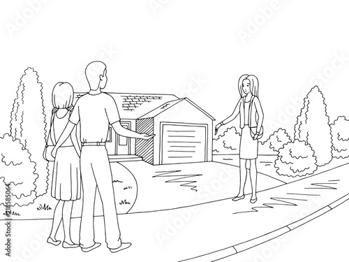 House exterior graphic black white sketch illustration vector. Realtor giving the key to the family