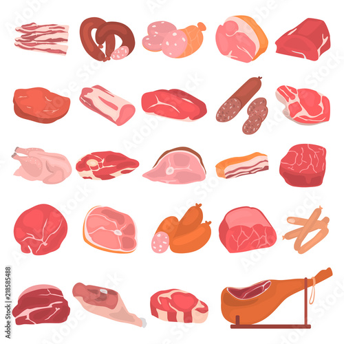 Meat and meat products color vector icons set. Flat design on white background