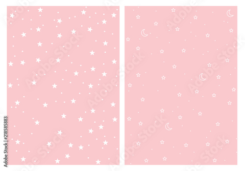 Cute Stars and Moons Seamless Vector Patterns Set. White Stars and Moon Isolated on a Pink Background. Light Pink Pastel Simple Infantile Sky Design.