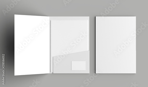 A4 size single pocket reinforced folder with business card mock up isolated on gray background. 3D illustration photo