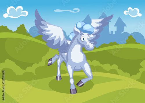 Fantasy summer vector Illustration with castle and a white pegasus