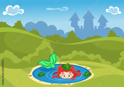 Fantasy summer vector Illustration with castle and a mermaid in the lake