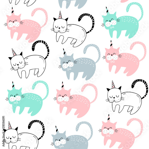 Fototapeta Vector seamless pattern with cute cats