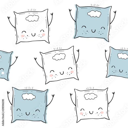 Vector seamless pattern with pillow. Scandinavian motives. Baby print. Cartoon background. Emoji