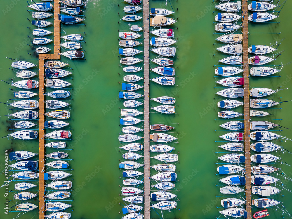 Balatonfuzfo, Hungary - Yacht marina at Balatonfuzfo by Lake Balaton from above at sunset Balatonfuzfo, Hungary - Yacht marina at Balatonfuzfo by Lake Balaton from above at sunset