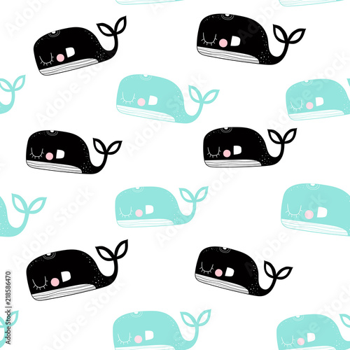 Vector seamless pattern with whales. Scandinavian motives. Baby print. Cute whale